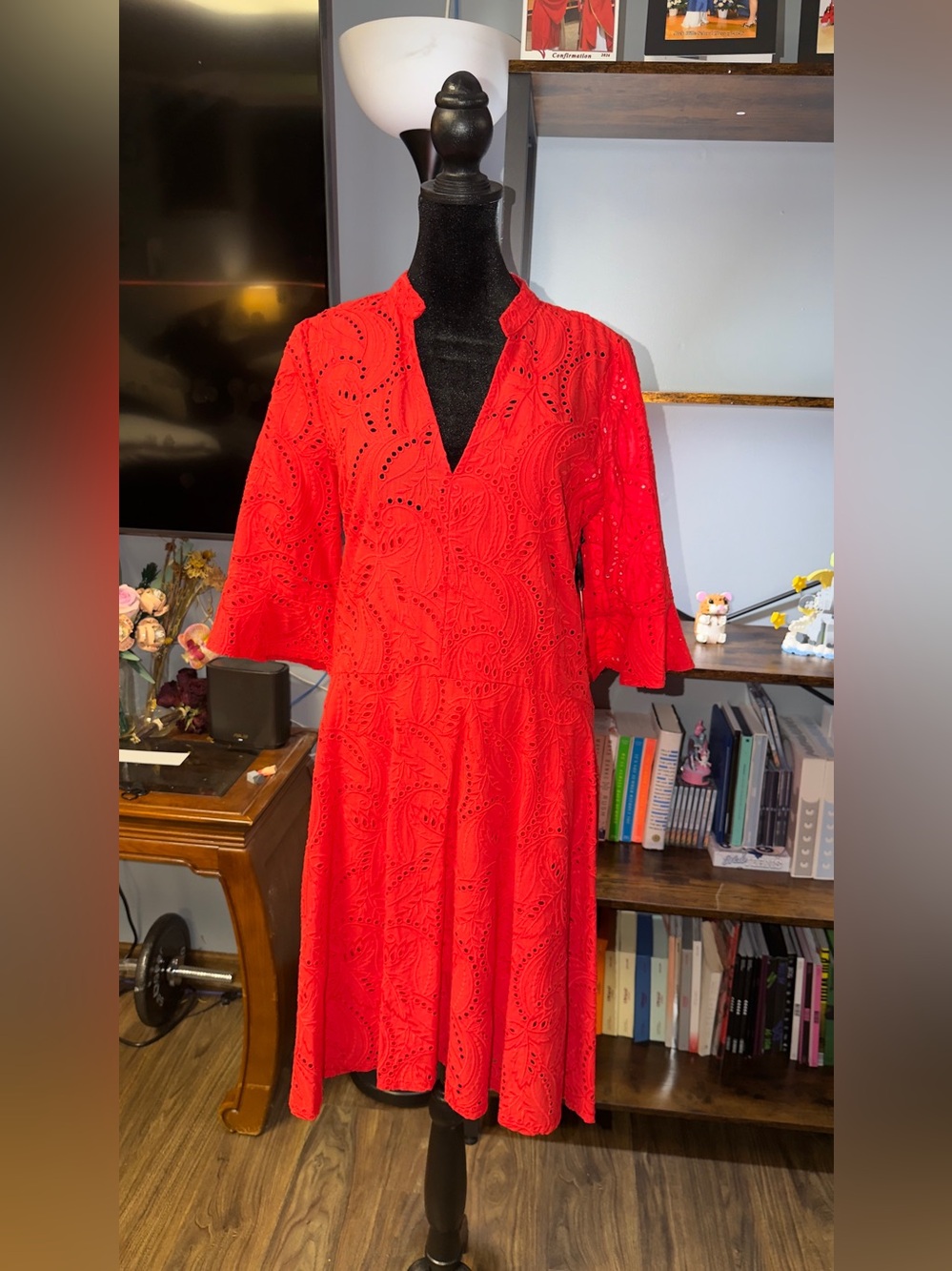 Kensie Bright Red Eyelet V-Neck Midi Dress